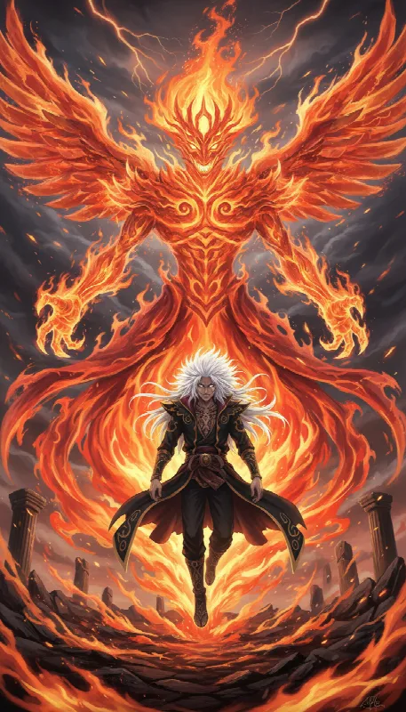 fan art, Shaman King inspired, Hao Asakura-like character, fire spirit…